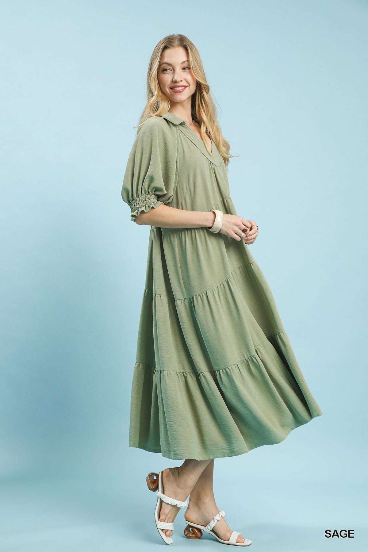 UMGEE Solid Tiered Midi Dress Sage