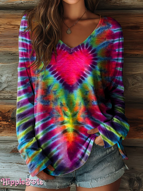 Women's Colorful Love Heart Tie Dye Art Print Casual V-neck Long Sleeve T-shirt