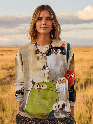 Women's Cute Cat Art Print Casual Crew Neck Sweatshirt