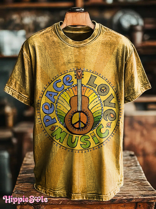 Unisex Vintage Hippie Peace Love Music Art Print Casual T-shirt