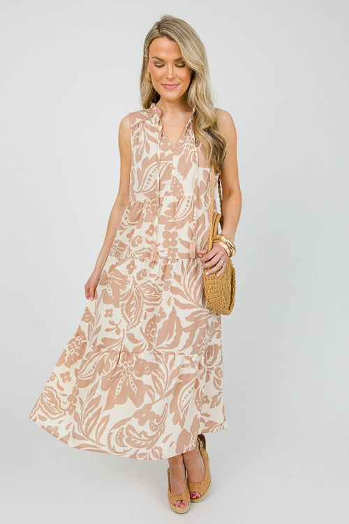 UMGEE Two Tone Floral Midi Dress Latte