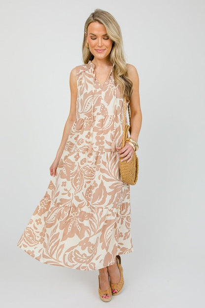 UMGEE Two Tone Floral Midi Dress Latte