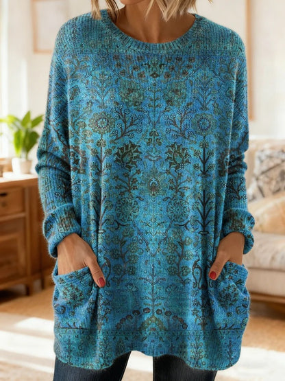 Women's Vintage Ethnic Blue Floral Totem Art Print Pocket Cotton V-Neck Long-Sleeve Dress
