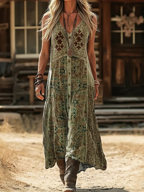 Women's Vintage Ethnic Pattern Art Print Sleeveless V-Neck Pocket Dress