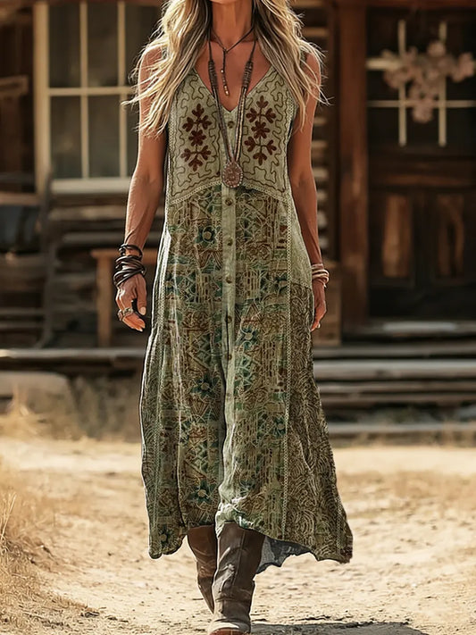 Women's Vintage Ethnic Pattern Art Print Sleeveless V-Neck Pocket Dress