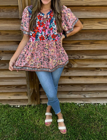 UMGEE Navy Mix Printed Smocked Shoulder Top