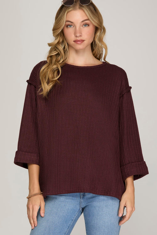 Quarter Sleeve Knit Sweater Top Plum