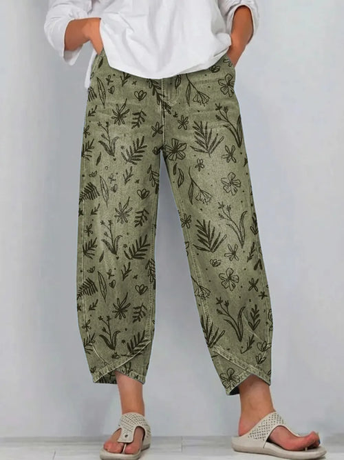 Women's Floral Art Print Pocket Cotton Jeans