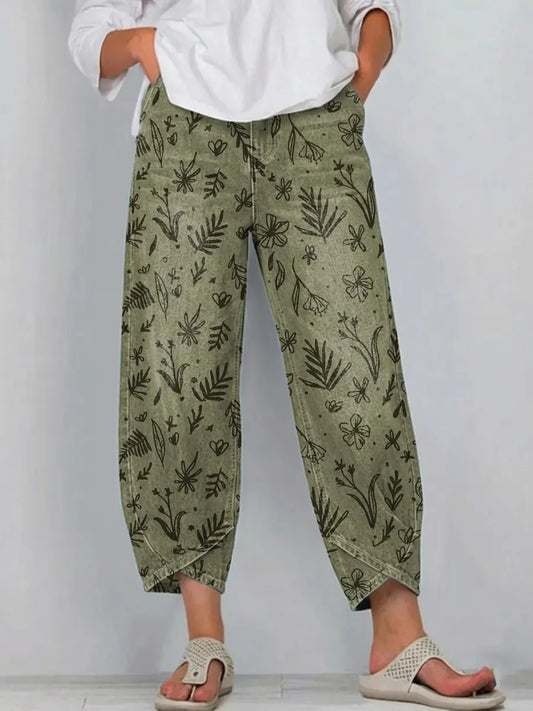 Women's Floral Art Print Pocket Cotton Jeans