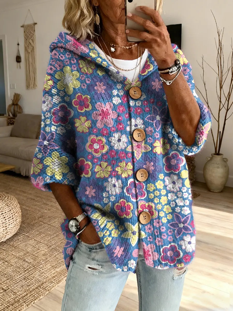 Ethnicity Geometry Flowers Women's Art Print Casual Hooded Cardigan Sweater