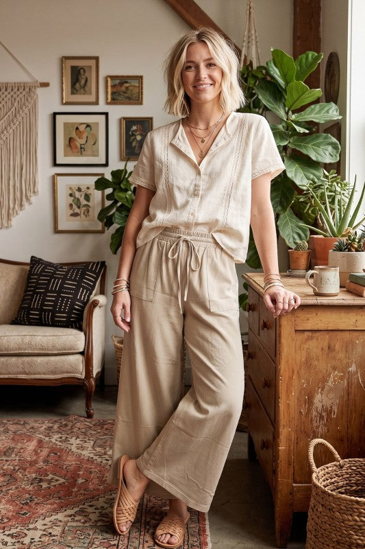 Knit Drawstring Wide Leg Pant Khaki