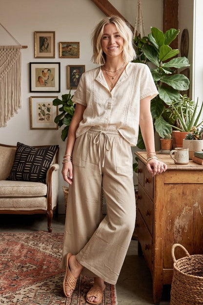 Knit Drawstring Wide Leg Pant Khaki