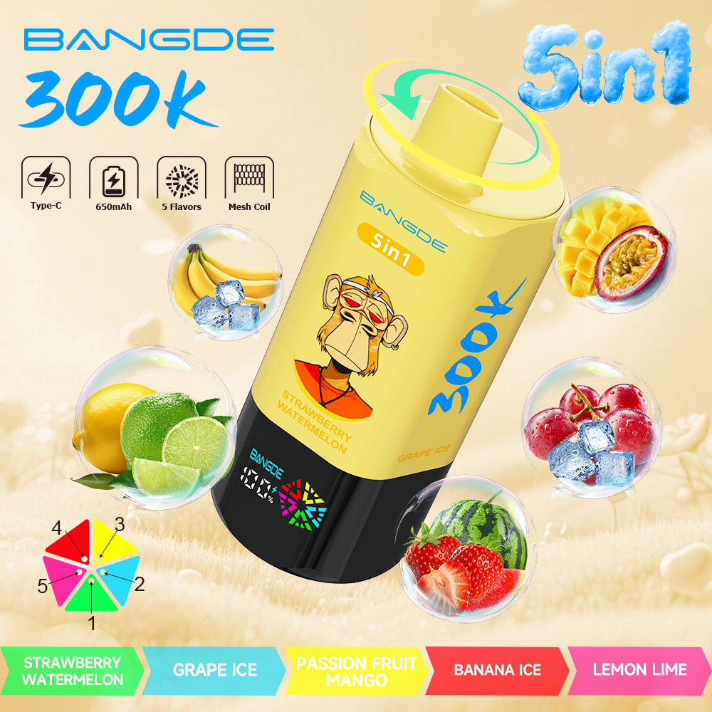 Bang DE 300K 300000 Vape 5-in-1 Flavors Rechargeable LED Display Disposable E-Cigarette