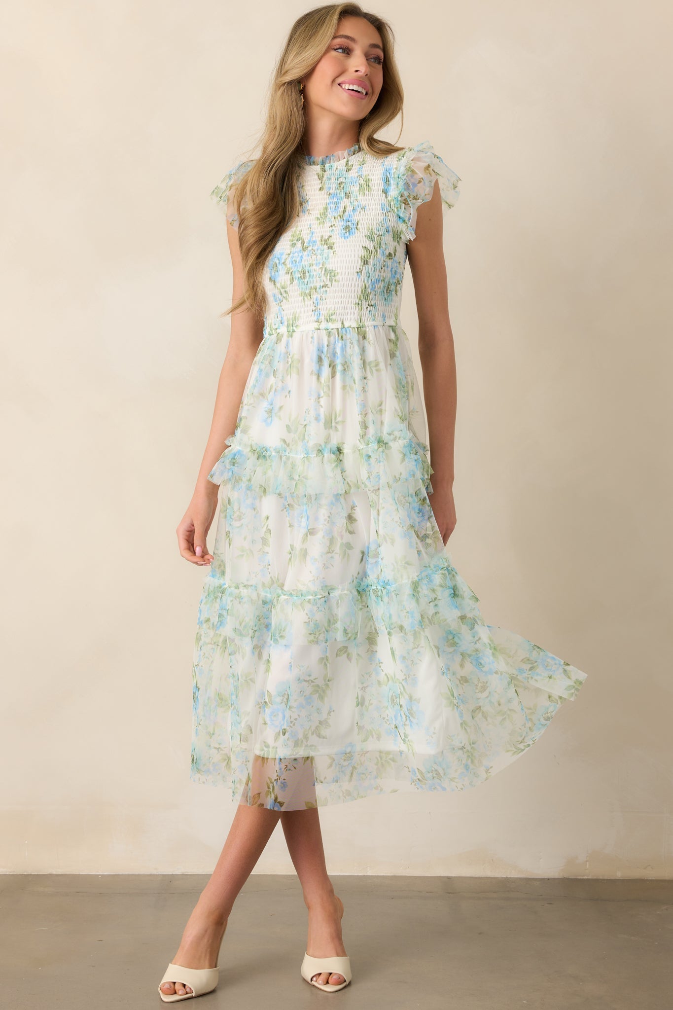Blue Floral Ruffle Chiffon Dress