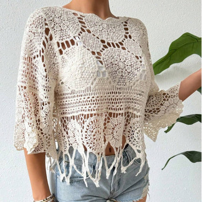 🌴Boho Chic Swim Cover-Up✨ Fringe Knit Top with 3/4 Sleeves👙 Casual Beach & Party Wear☀️ Spring & Fall