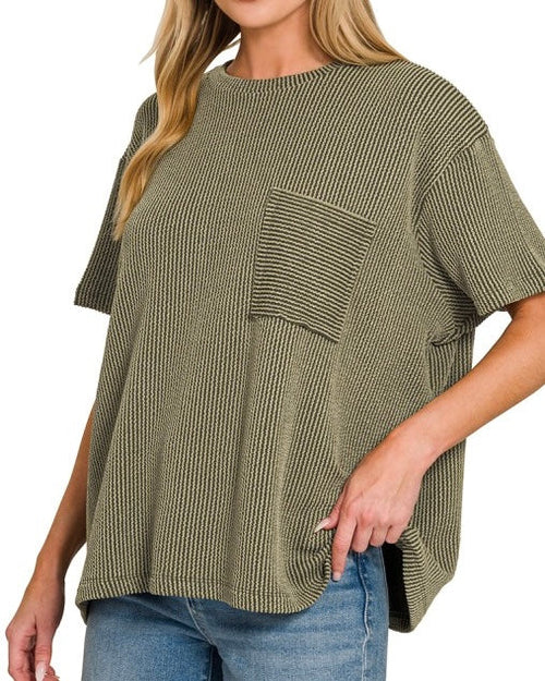 Corded Ribbed Knit Pocket Top Olive