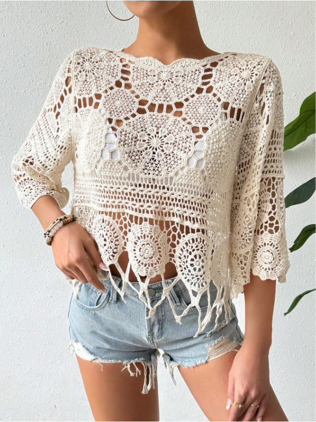 🌴Boho Chic Swim Cover-Up✨ Fringe Knit Top with 3/4 Sleeves👙 Casual Beach & Party Wear☀️ Spring & Fall
