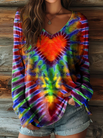Women's Colorful Love Heart Tie Dye Art Print Casual V-neck Long Sleeve T-shirt