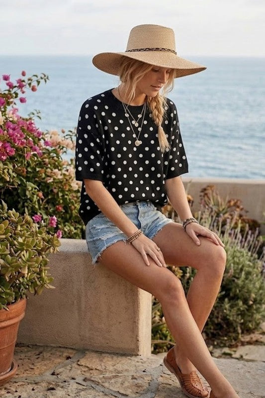 Polka Dot Short Sleeve Sweater Top Black