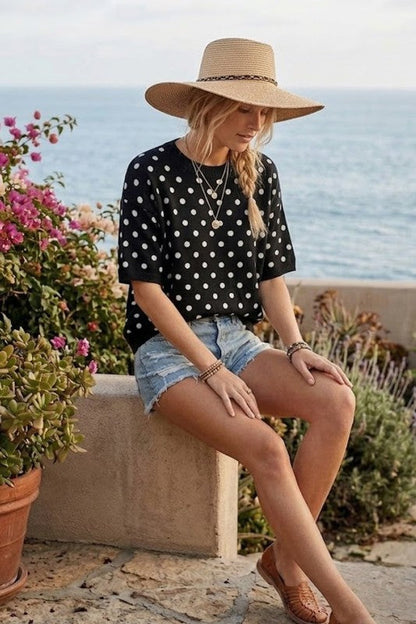 Polka Dot Short Sleeve Sweater Top Black