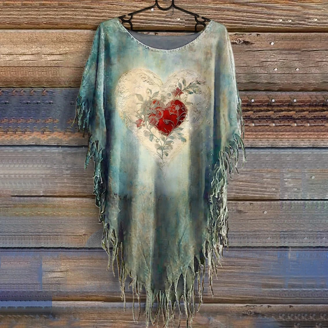 Women's V-Neck Casual T-Shirt with Heart Tattoo Art Print