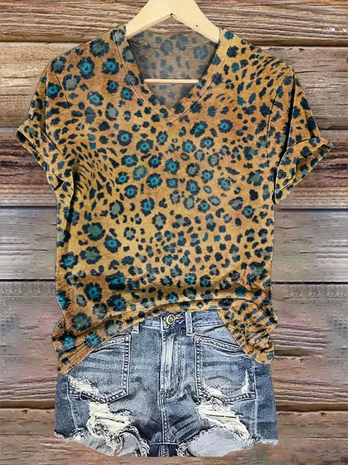 Women's Leopard Pattern Art Print V-Neck Casual T-Shirt