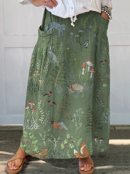 Women's  Flower Art  Print   Linen Pocket Skirt