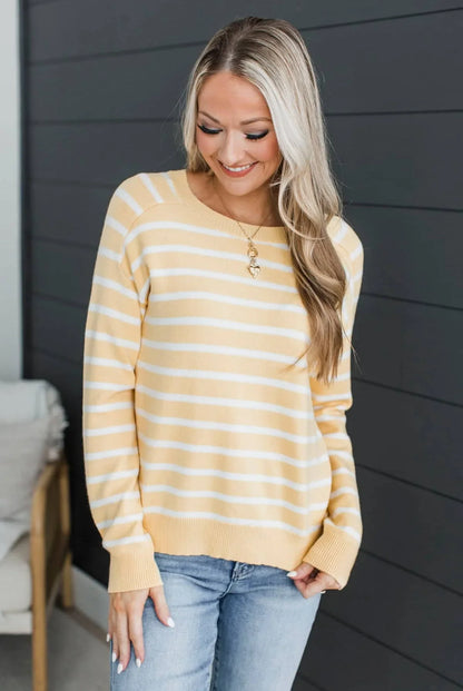 Stripe Crew Neck Sweater Top Yellow
