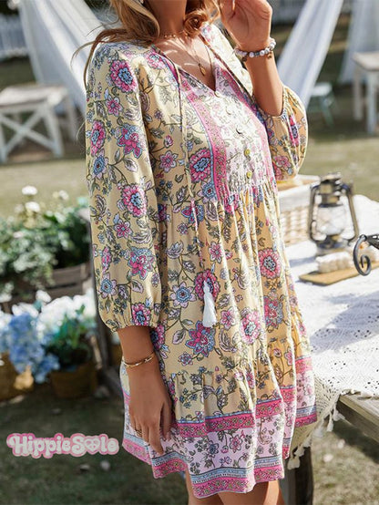 Bohemian Casual Holiday Style V-neck Dress Short Skirt