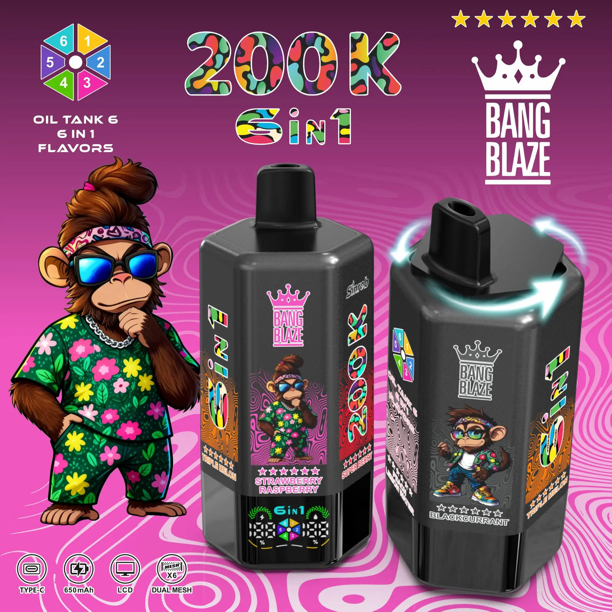 Bang Blaze 200000 200K Puffs 6 in 1 Flavors &  6 oil tanks Rechargeable LCD Display Disposable Vape