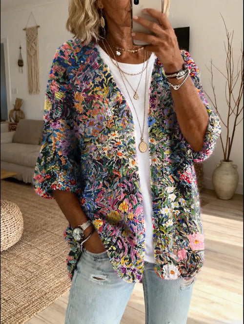 Women's Floral Art Print Comfortable Knit Cardigan