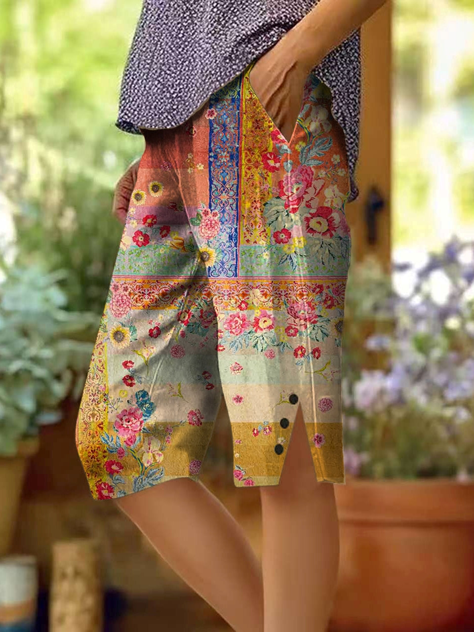 Women's Ethnic Floral Patchwork Pattern Art Print Cotton Linen Casual Pants