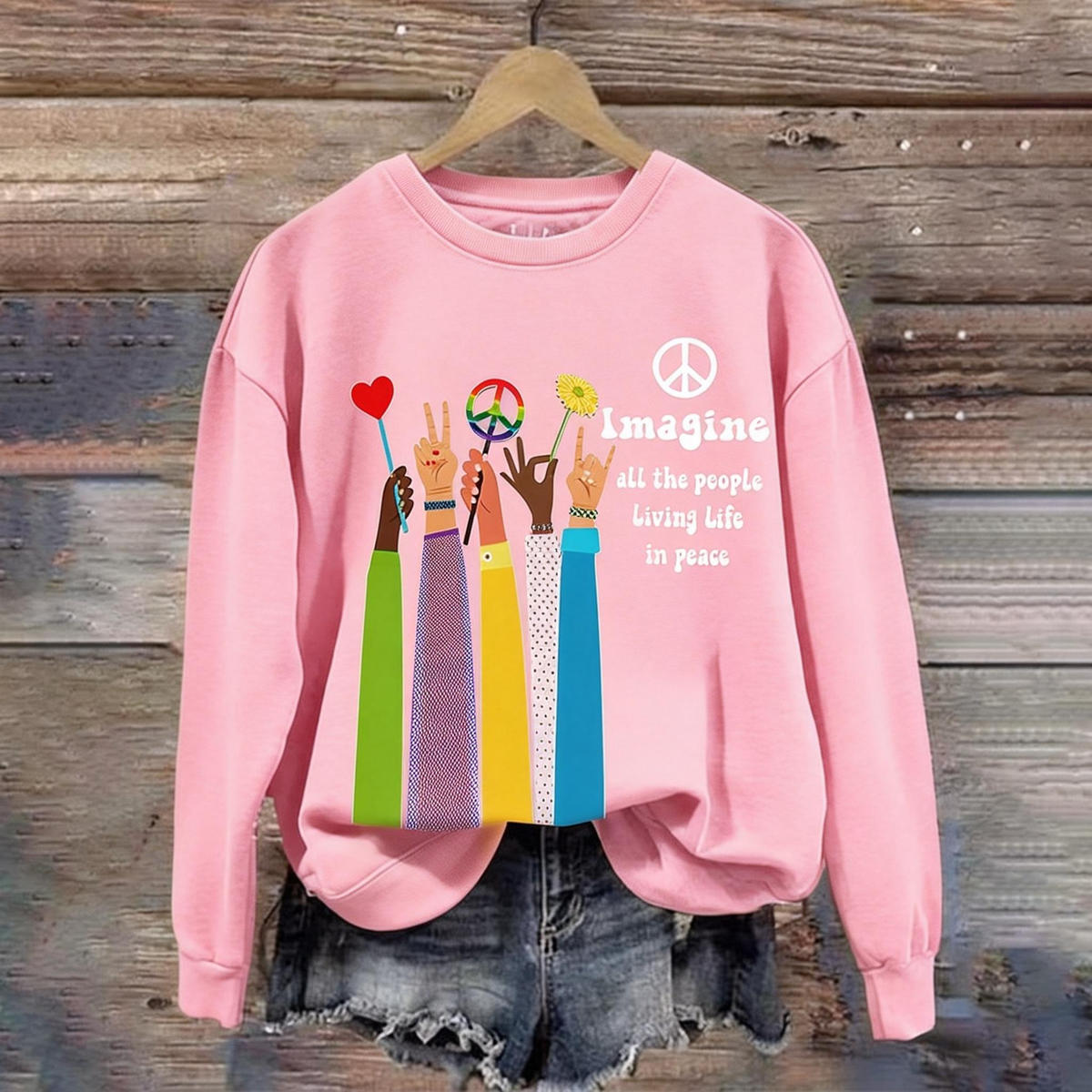 Retro Hippie Imagine All The People Living Life In Peace Print Sweatshirt