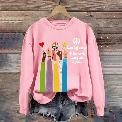 Retro Hippie Imagine All The People Living Life In Peace Print Sweatshirt