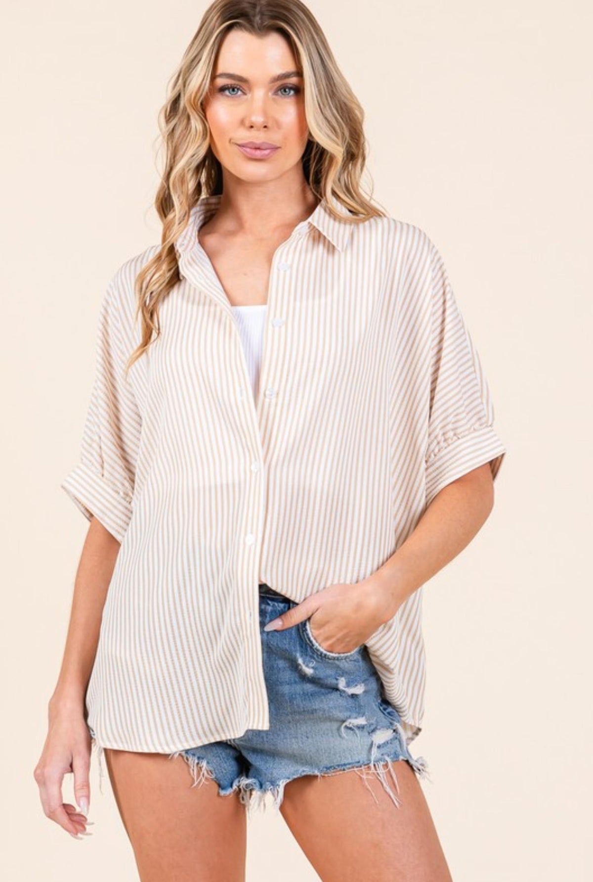 Stripe Oxford Button Down Shirt Taupe