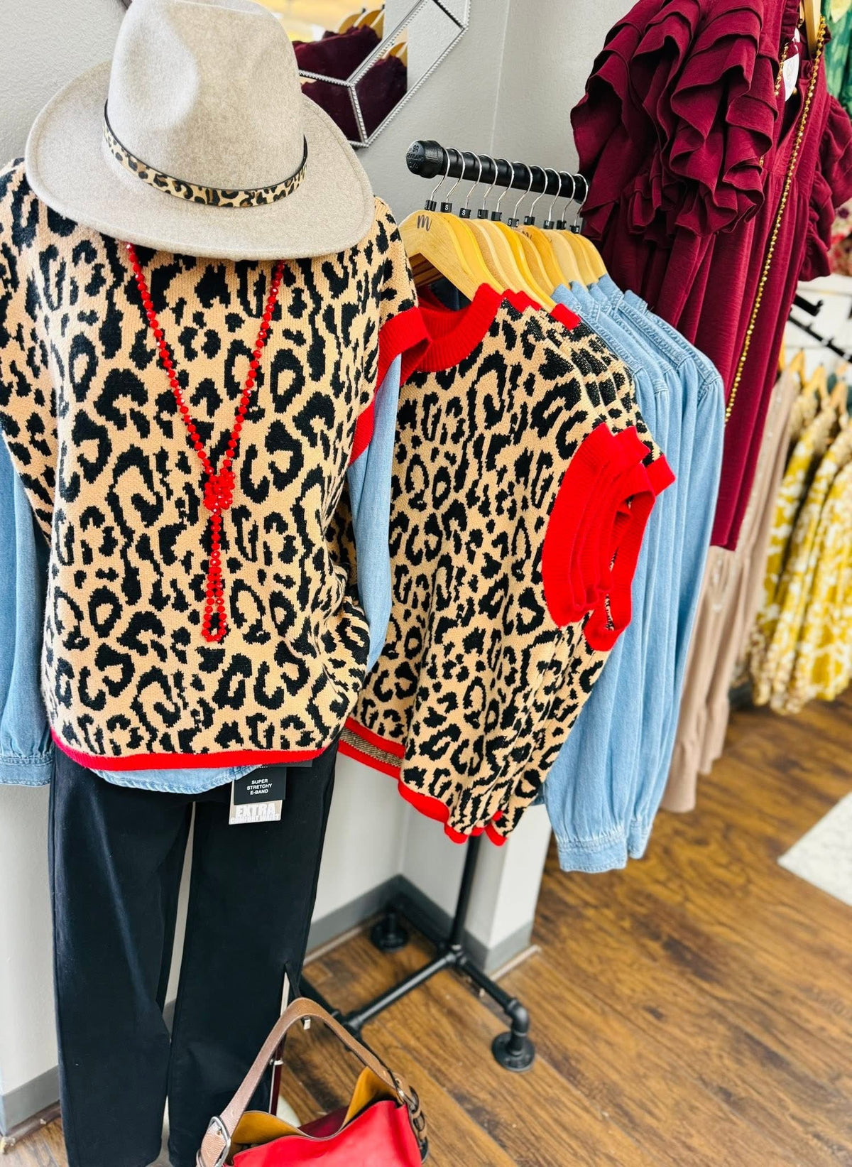 Leopard Red Trim Sweater Vest