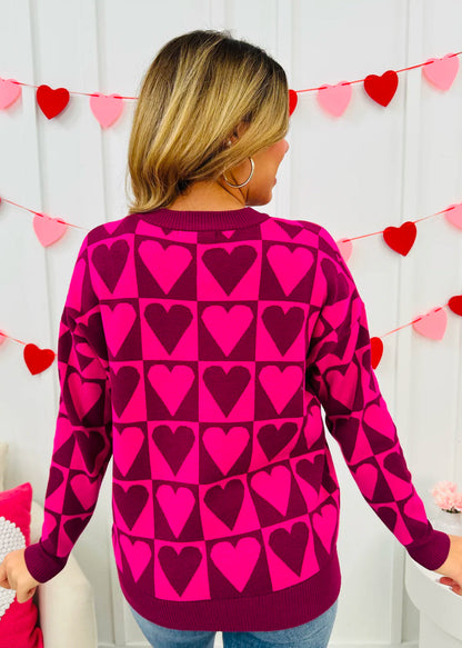 Magenta Fuchsia Checkered Heart Sweater