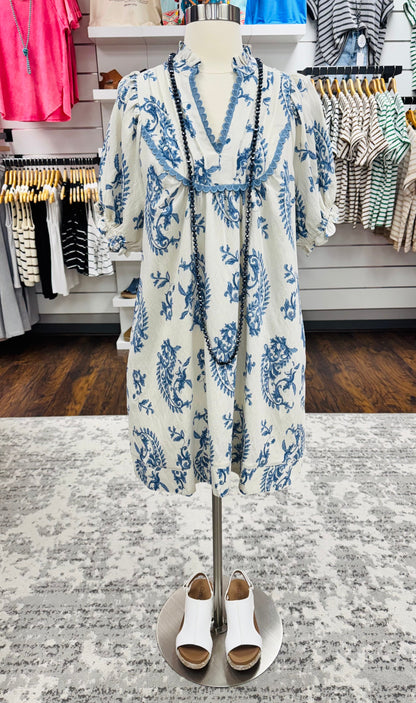UMGEE Paisley Scallop Trim Dress Blue Mix