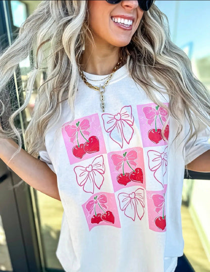 Comfort Colors White Cherry Bows Tee