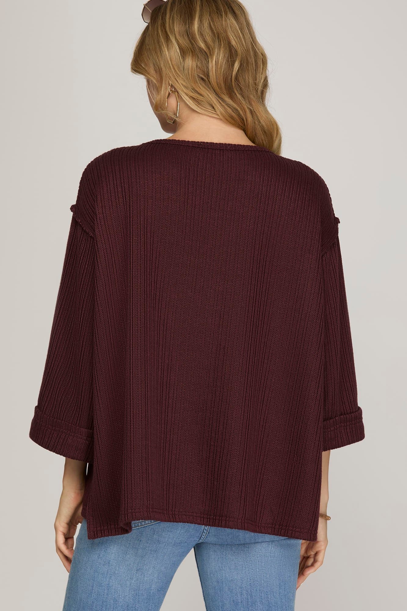 Quarter Sleeve Knit Sweater Top Plum