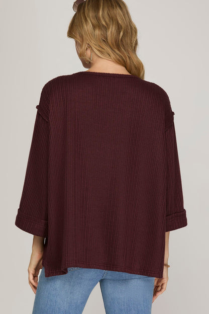 Quarter Sleeve Knit Sweater Top Plum