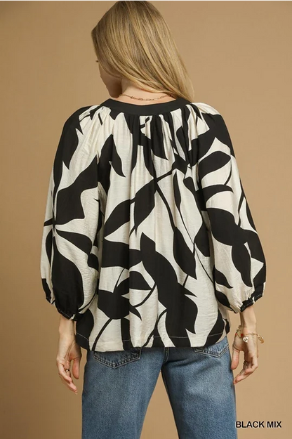 UMGEE Leaf Print Top Black Mix