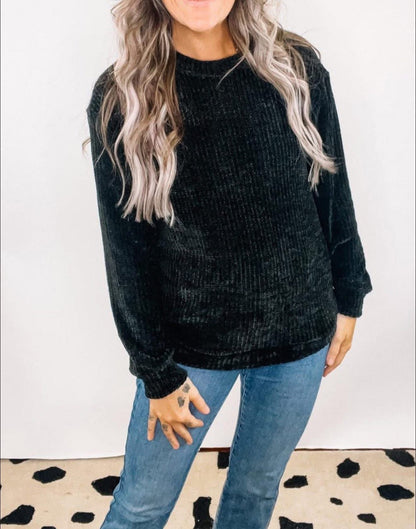 Chenille Waffle Knit Sweater Black