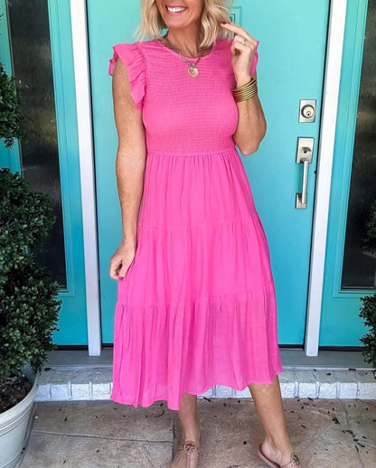 Hot Pink Smocked Ruffle Midi Dress