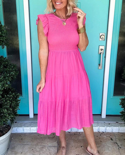 Hot Pink Smocked Ruffle Midi Dress