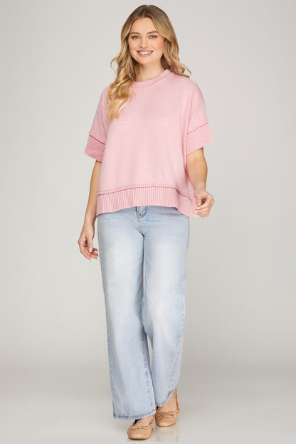 Blush Pink Crew Neck Sweater Top