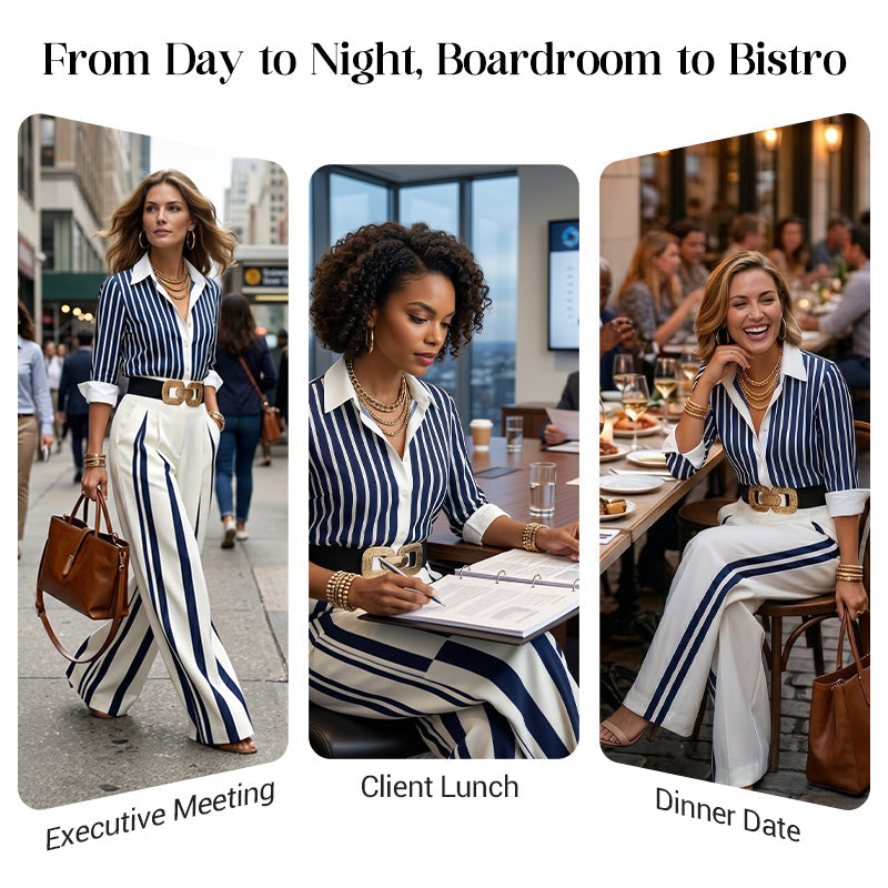 📢📢50% OFF !! ⏰Women's Striped Shirt & Wide-Leg Pants 2-Piece Set