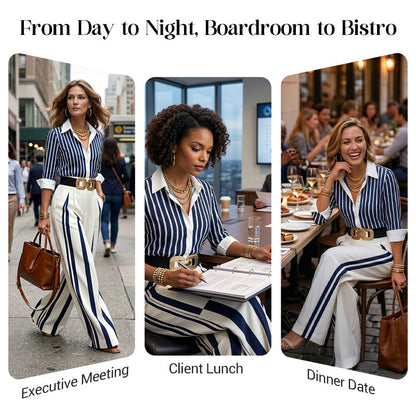 📢📢50% OFF !! ⏰Women's Striped Shirt & Wide-Leg Pants 2-Piece Set