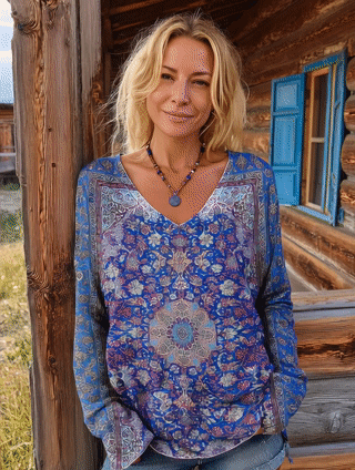Women's Vintage Ethnic Floral Art Print Casual V-neck Long Sleeve T-shirt