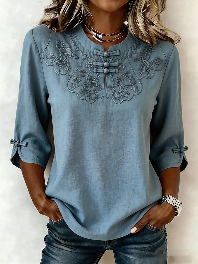 Cressida - Embroidered Mandarin Collar Blouse